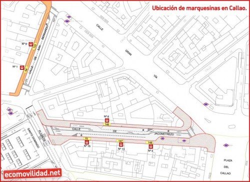 Plano de ubicación de las paradas de EMT en Callao. Fuente: Ayuntamiento de Madrid