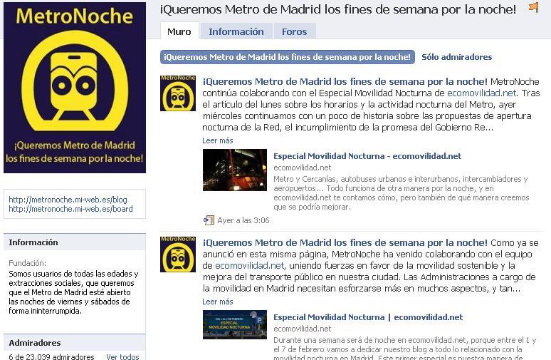 Aspecto de la página de admiradores de MetroNoche en Facebook