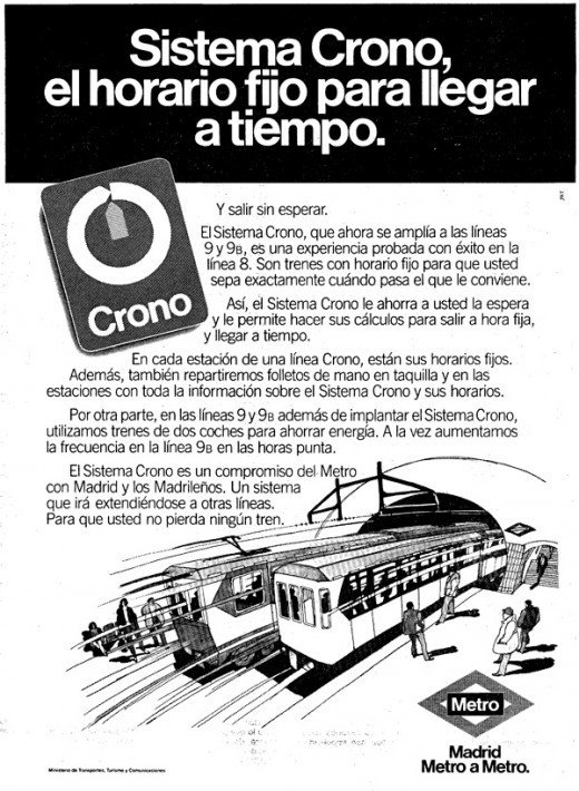 "El sistema Crono le ahorra a usted la espera y le permite hacer sus cálculos para salir a la hora fija" Así lo anunciaba Metro en los años 80 en el diario ABC.