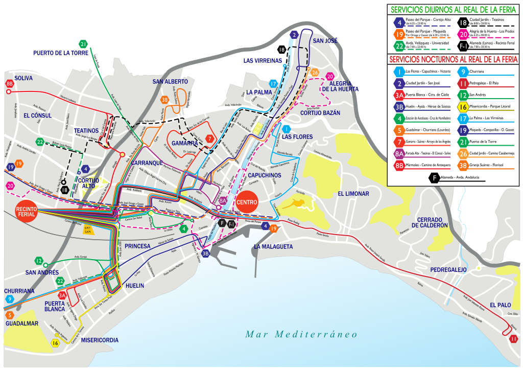 Mapa de los servicios especiales de la EMT para la Feria del Real. Los servicios que no prevén tarificación especial están marcados en línea discontinua. Los demás, sí lo usarán.