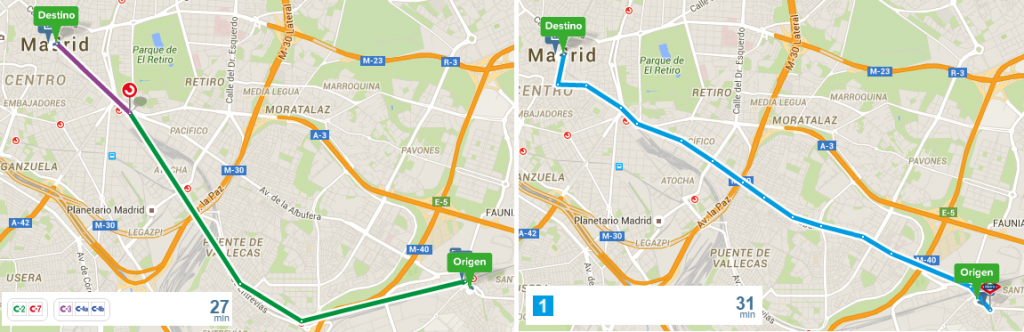 Cercanías es la alternativa natural entre Vallecas y Sol. (Rutas: Citymapper)